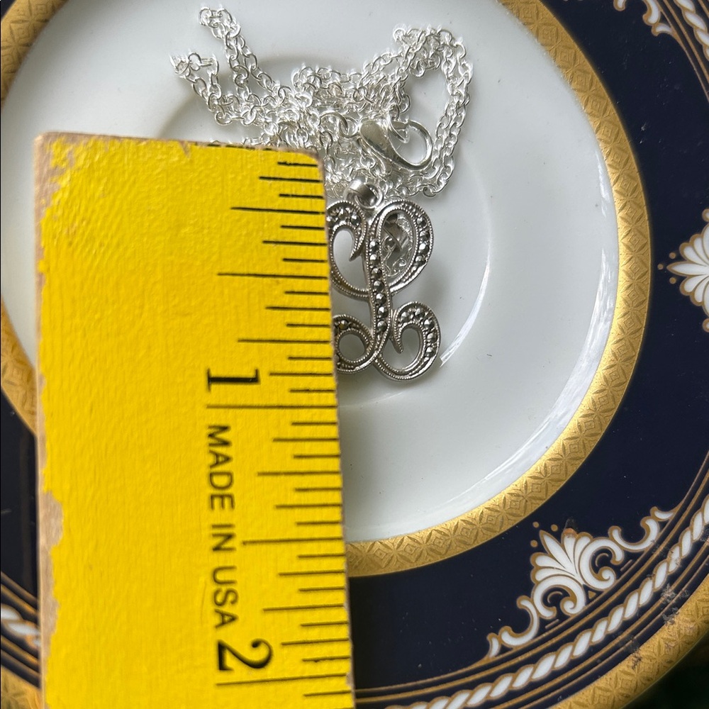 Vintage Silver Marcasite Script Initial L Pendant… - image 5
